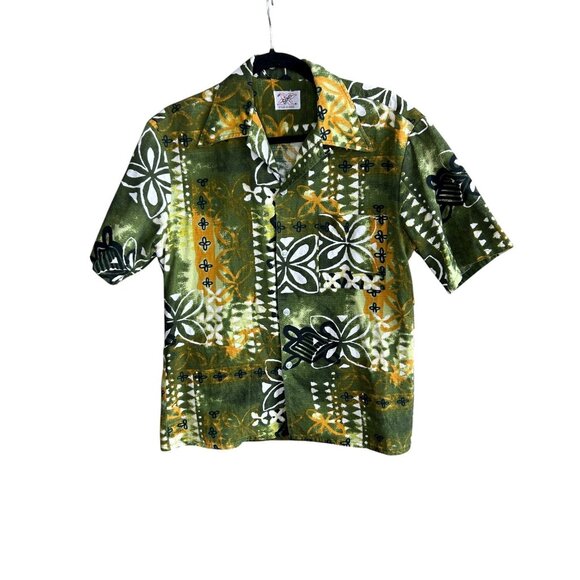 Vintage 60's Hawaiian Green Tribal Barkcloth Loop Collar Sears Shirt - Picture 2 of 12